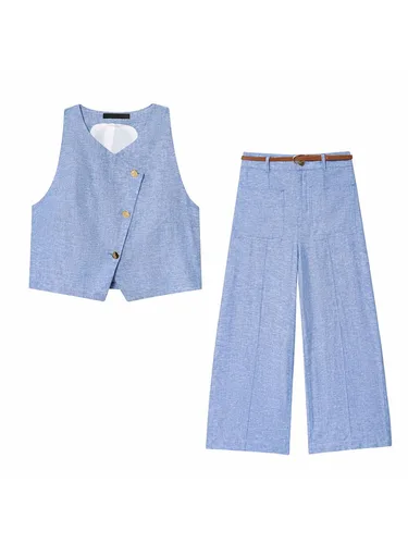 Traje informal liso para mujer, chaleco sin mangas con cuello redondo y botonadura, pantalones sueltos rectos, traje de vacaciones a la moda 2025