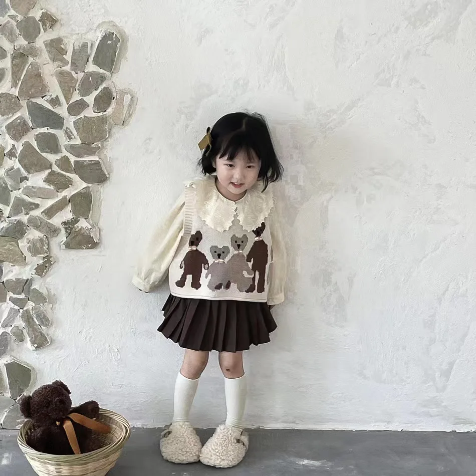 New Cute Bear Vest Baby Girl's Sweater Autumn Winter Knitted Wool Vest Coat Japanese Style Loose Kids Tops Children Clothes