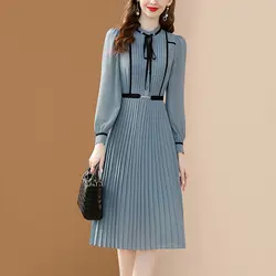 Fashion Korean Pleated Dresses Basic Solid Color Women's Clothing Elegant Drawstring O-Neck 2023 Spring Autumn A-Line Midi Dress