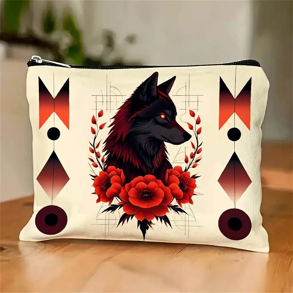 

A Wolf Head Floral Patterned Makeup Bag- Multifunctional Zipper Pouch, Jewelry Storage Bag, Perfect Travel Zipper Small Storage