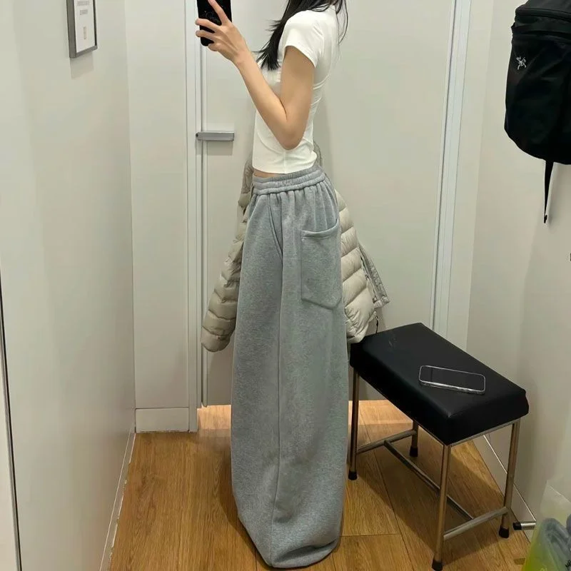 Retro Lazy Style Wide Leg Sweatpants Loose Sporty Floor-Length Trousers Autumn Winter Casual Comfortable Long Pants - view 2