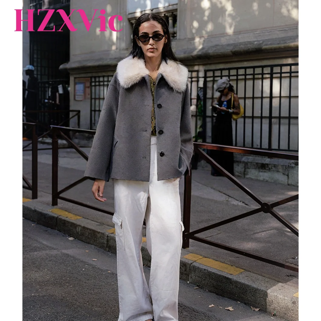 

HZXVic women's fashionable and versatile synthetic fur collar, warm woolen long sleeved jacket for commuting