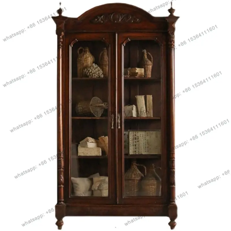 

American rural retro double-door wine cabinet living room French solid wood carved dining side cabinet