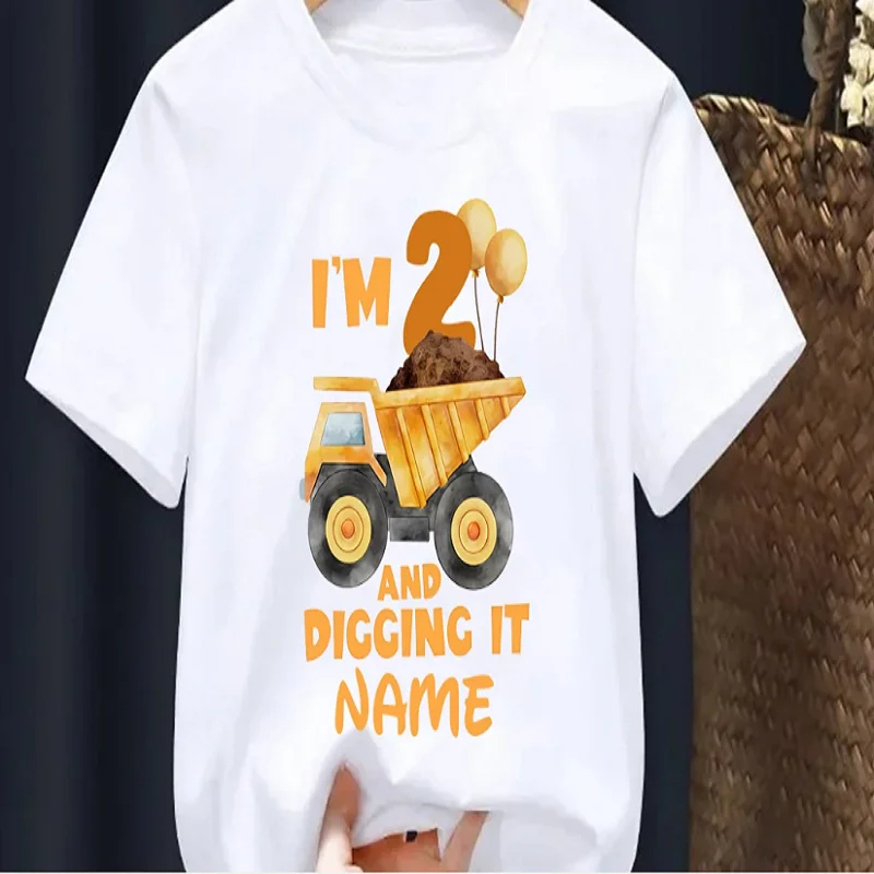 Custom Name Cute2nd Birthday Gift T-Shirt I Am 2 And Digging It Bulldozer Printed T Shirt Girls/Boys Kawaii Kids Clothes Solid T