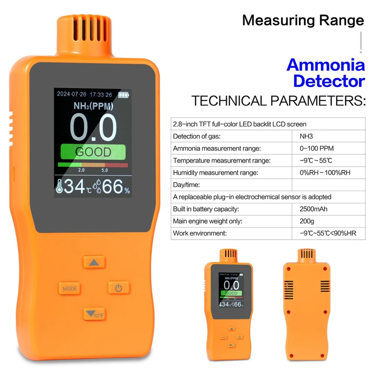 

Y31A Ammonia Gas Detectors NH3 Gas Analyzers Meter Alarm Device Digital Gas Leak Detectors 0-100PPM