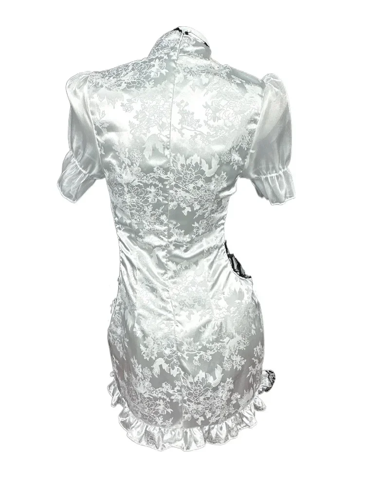 WAT Stand Collar Slit Chinese Maid National Style Cheongsam Pyjamas Mini Dress for Women Anime Halloween Cost 2025 New