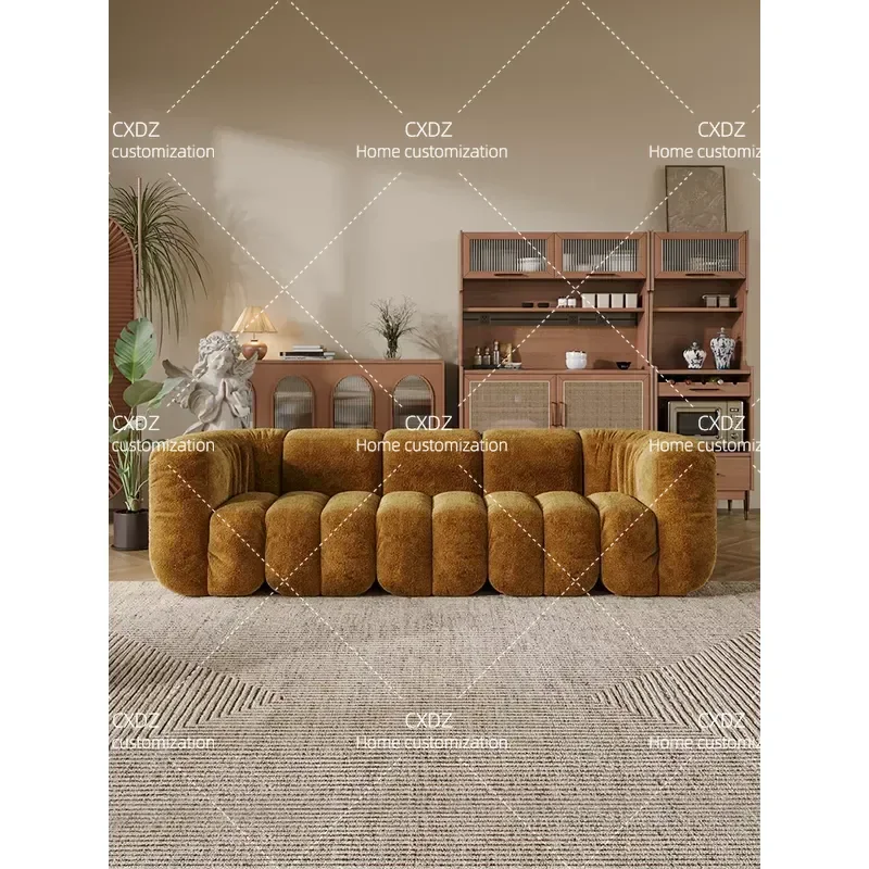 Retro Piano Key Sofa Medium Size Antique Fabric Straight Row Couch Cream Nordic Style for Small Apartment Living Room