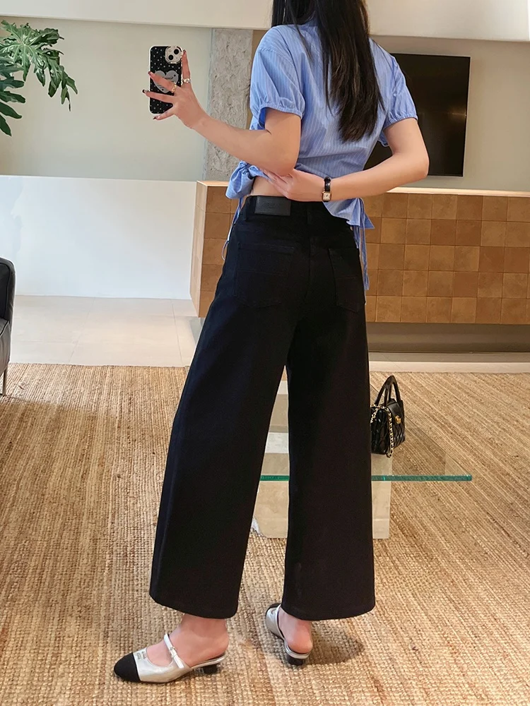 

Женские джинсы с высокой талией и широкими штанинами, весенняя новинка, свободные брюки, маленькие размеры, черные, укороченные, в стиле «бабушкины брюки»