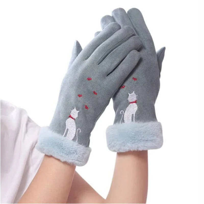 Fashion Winter Women Gloves Cute Embroidery Cat Furry Warm Cartoon Full Finger Mittens Lady Outdoor Sport Female Gloves T161