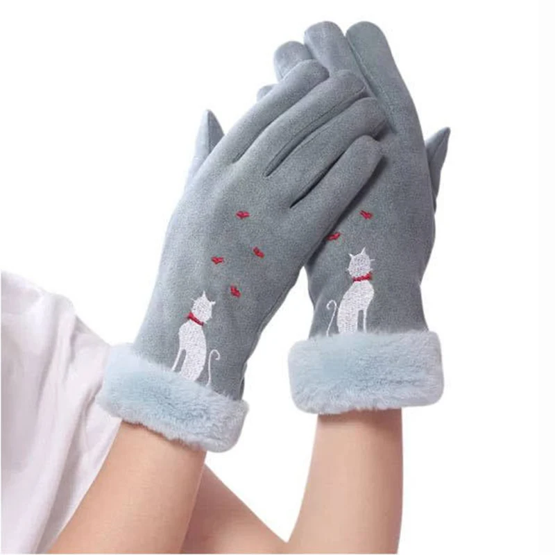 Guantes de invierno para mujer, manoplas de dedo completo con bonito bordado de gato, peludo, cálido, para deporte al aire libre, T161