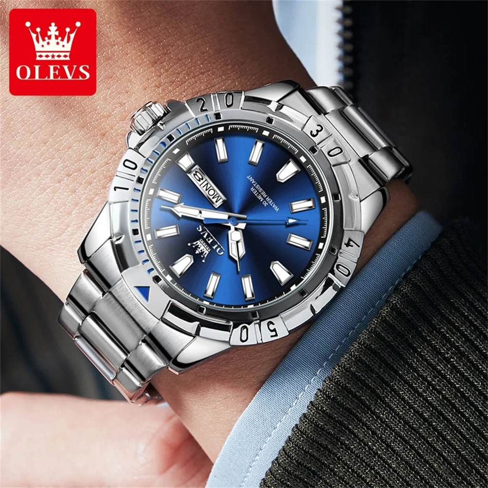 OLEVS Mens Watch Classic Business Stainless steel Brand Quartz Watch Waterproof Luminous Watch For Men Dual calendar Reloj