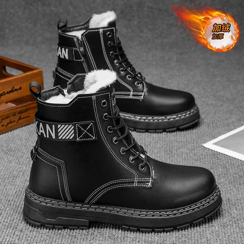 

Men's mid-winter warm outdoor hiking boots, black trendy and fashionable thickened comfortable snow boots