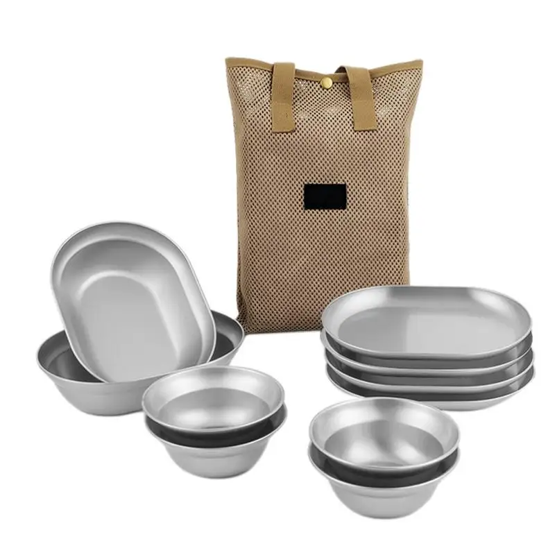 

Outdoor Tableware Set 6/8/10PCS Stainless Steel Camping Plates Bowls Self-driving Home Soup Pot Bowl Plate Set Cooking Cookware