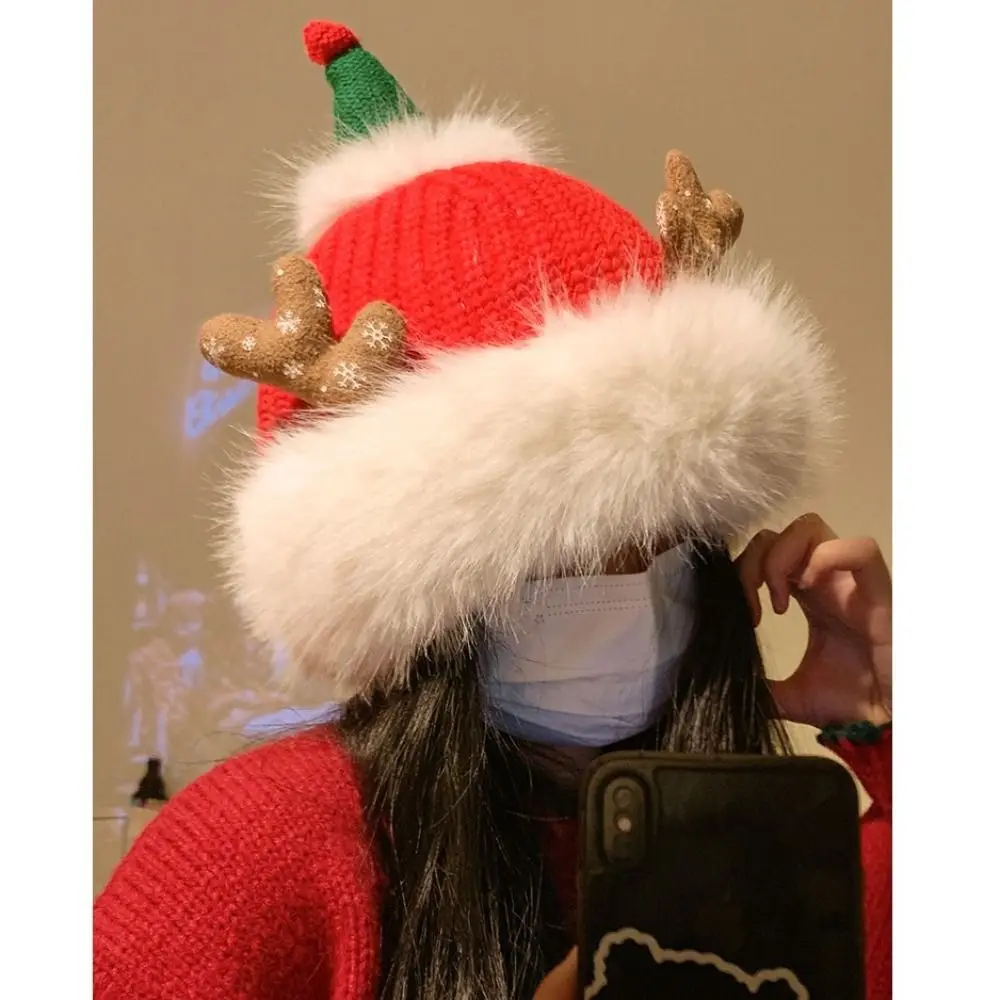 Gifts Red Antler Christmas Hat Cute Plush Winter Hat Warm Fleece-lined Earmuffs Cap for Women