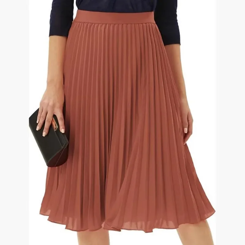 European American New Arrival Midi Length Pleated Skirt Elastic High Waist Slim Fit Flowy Womens Casual Skirts For Daily Wear