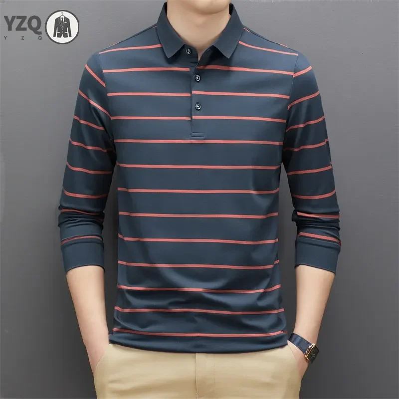 New Men's Business Casual Stripe Long Sleeved Shirt  Solid Color Polo Shirt Fashionable Breathable Comfortable Versatile Top