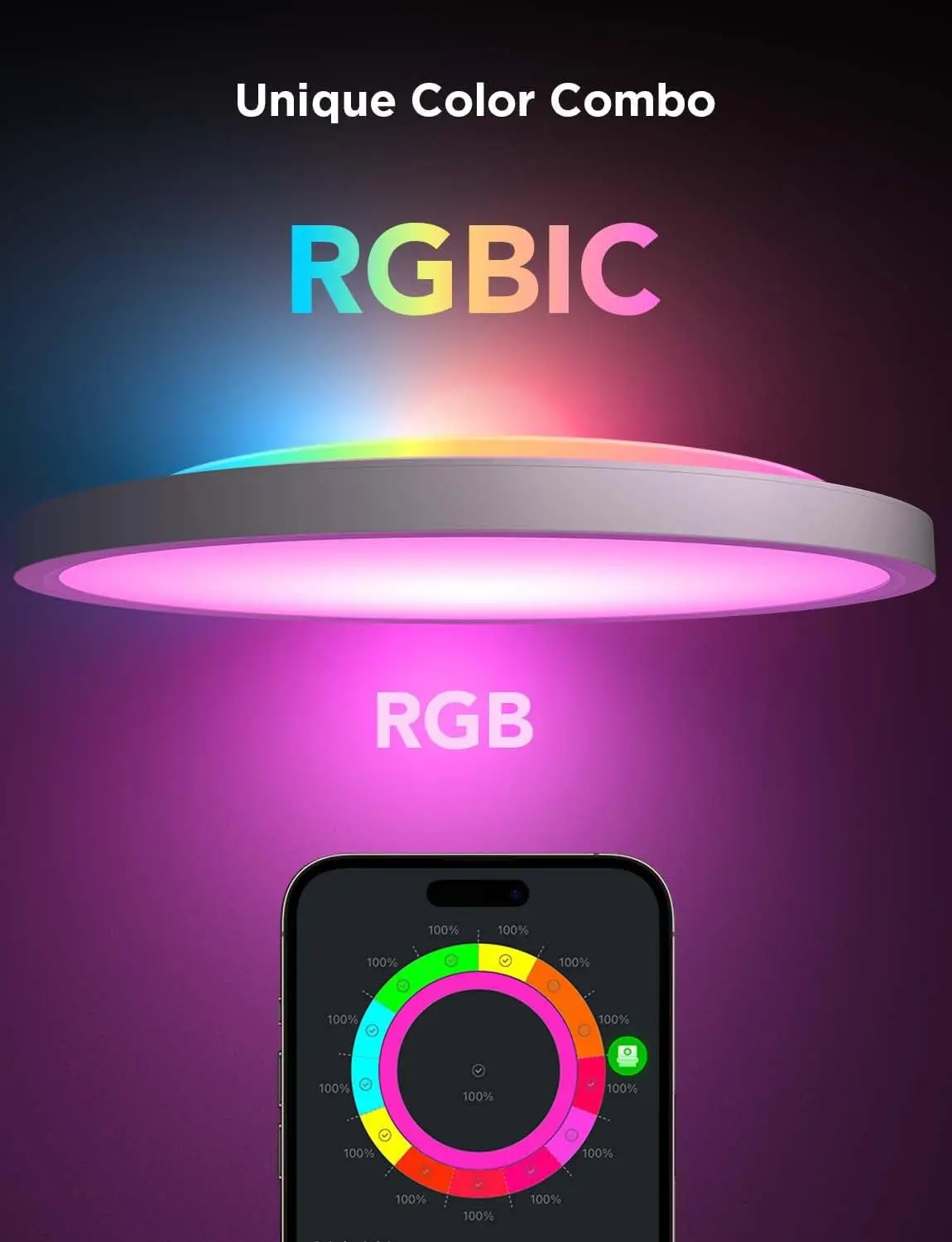 Smart RGBIC LED Ceiling Light, 2400LM Flush Mount Fixture with Alexa Control, Adjustable Colors for Bedroom and Living Room