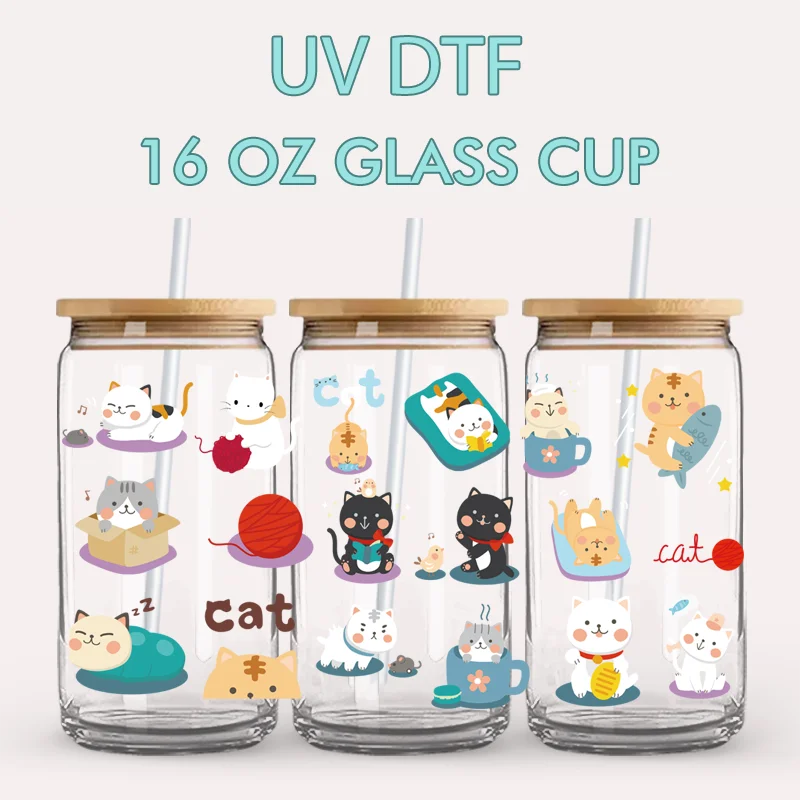 4 Sheets Cute Cartoon Kitten UV DTF Cup Wraps For Glass Cups DIY Waterproof Rub On Transfer Stickers