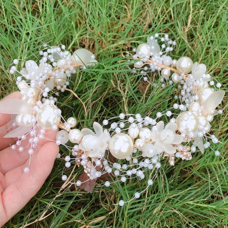 1Pc Elegante Meisjes Bridal Hoofdband Geïmiteerd Parel Haar Hoofdtooi Bloem Krans Bruid Guirlande Hoofd Hoepel Bruiloft Haar Sieraden