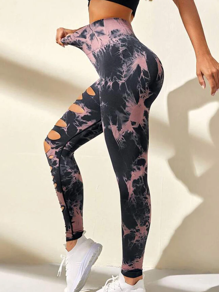 Hollow Tie-dye Yoga Pants Sexy Leggings High Waist Scrunch Butt Lifting Elastic Push Up Tights Gym Jogging Workout Clothing