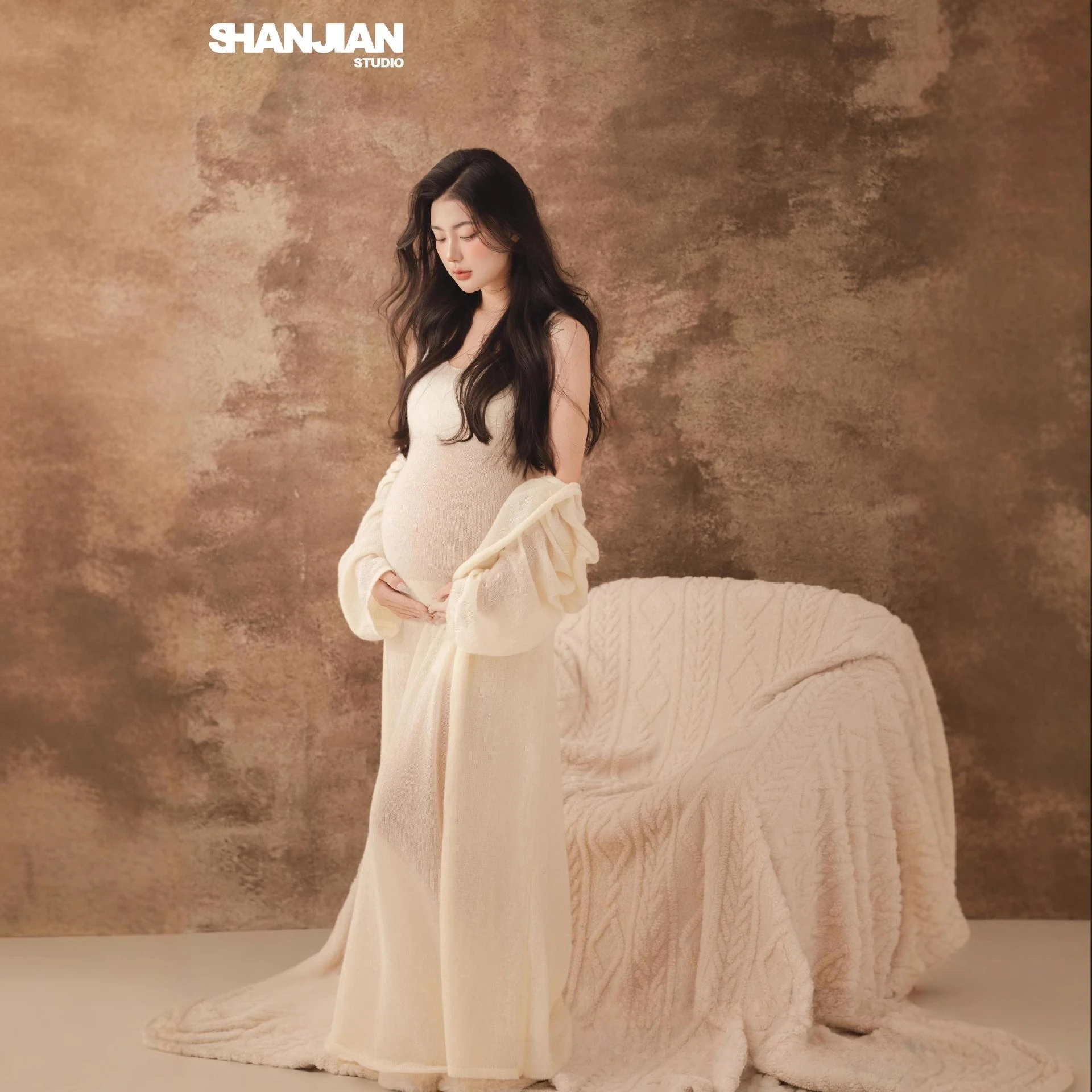Women Maternity Photoshoot Clothing White Knitted Long Dress with Cardigans 2pcs Set for Studio Pregancy Studio Photography