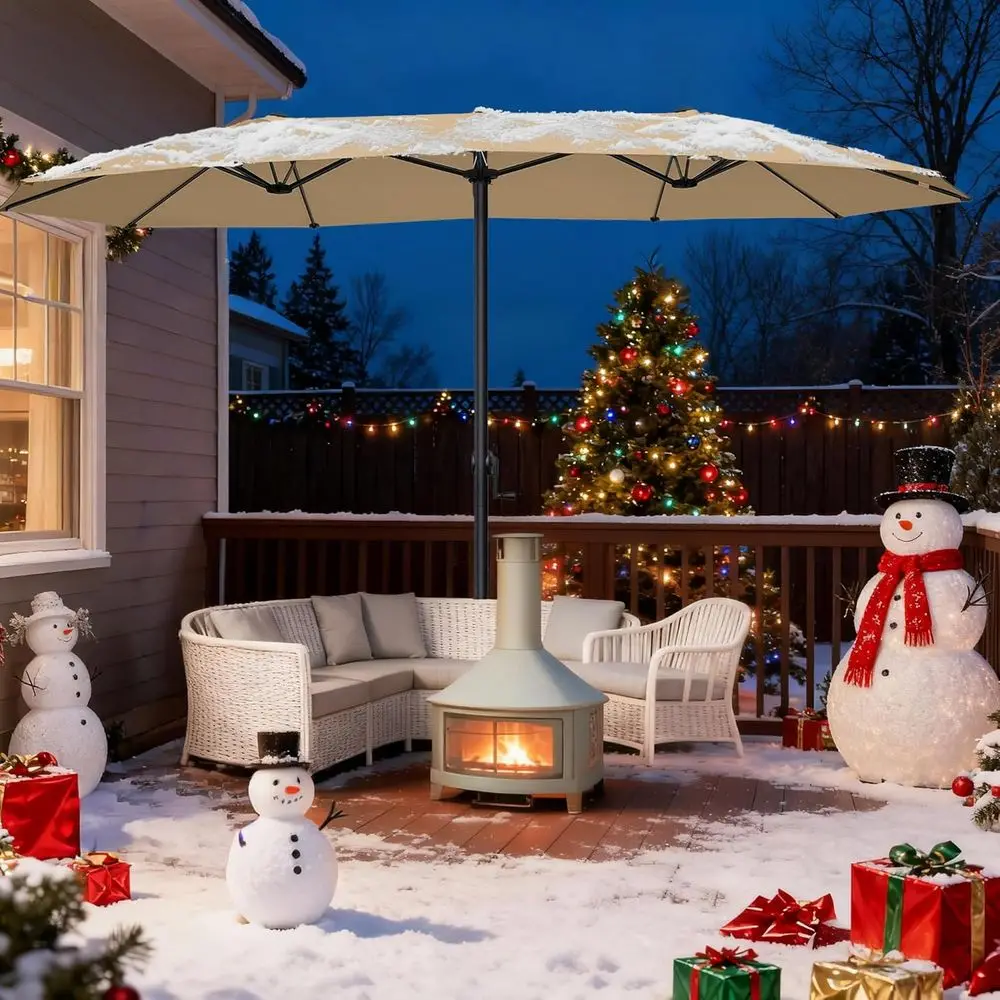 Sombrilla Grande para Patio Exterior con Manivela de Aluminio, Beige, 15 pies, Doble Cara, 12 Varillas, Base Incluida