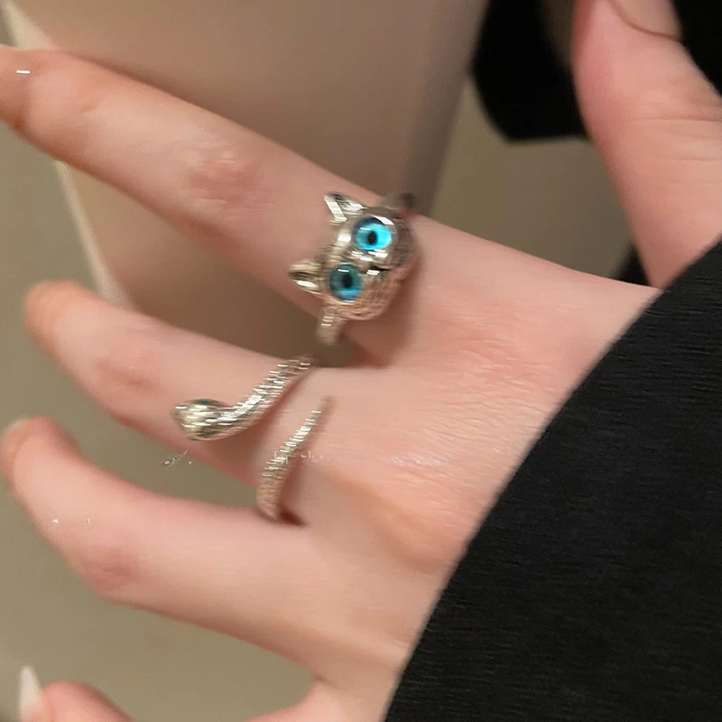 

Cute Silver Color Alloy Cat Ring Fashionable Cat Eye Opening Adjustable Ring For Women Trendy Jewelry Accessories Gift