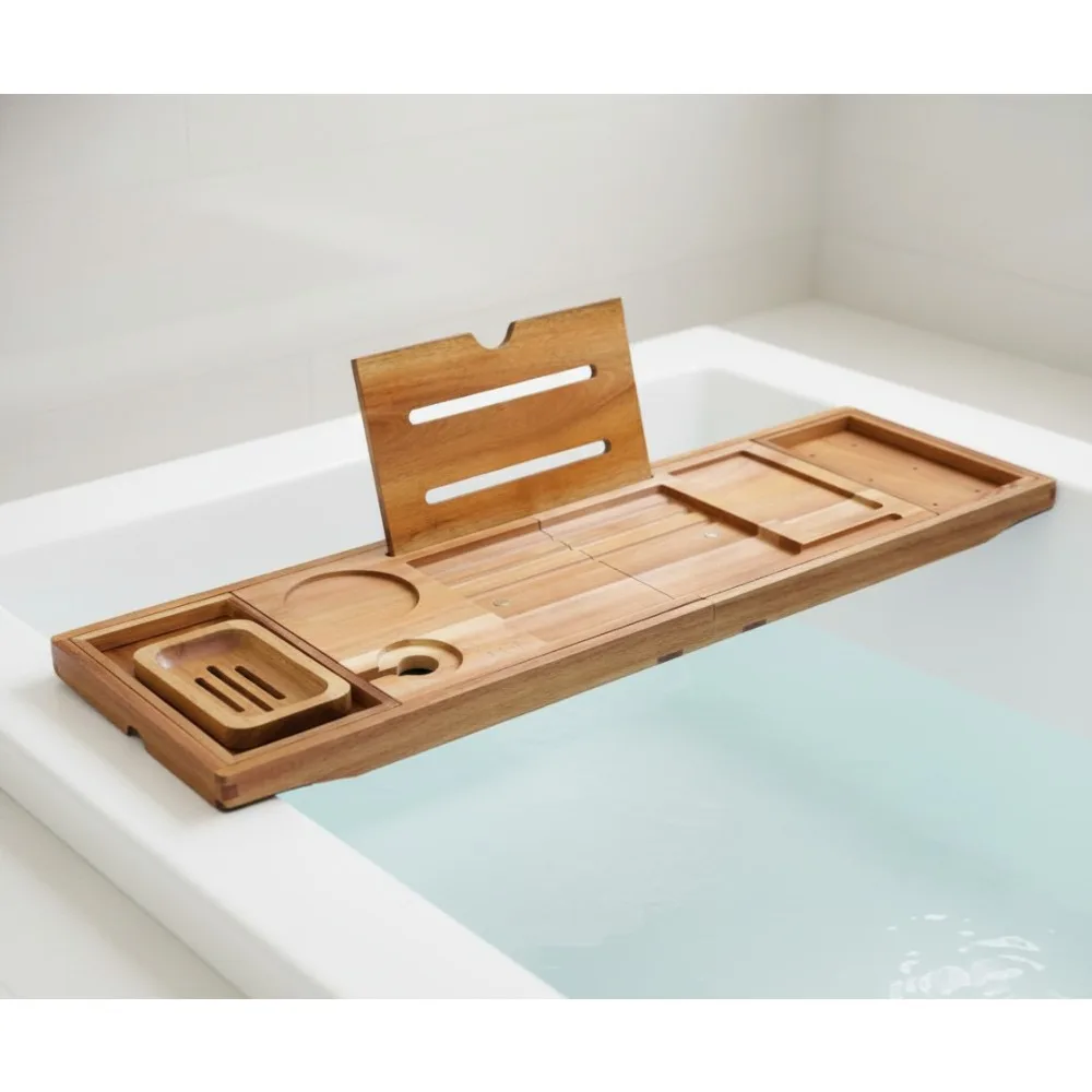 

Складной поддон для ванны, расширяемый до 105 см, роскошный контейнер для ванны с боковыми подносами из дерева акации