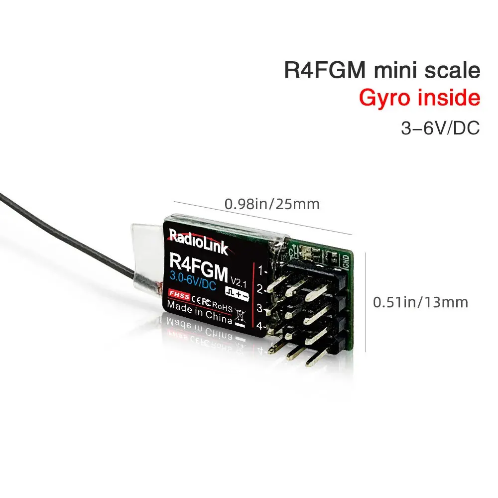 Radiolink R4FGM 2.4GHz 4CH FHSS PWM Mini Receiver with Gyro for RC Airplane Car Boat RC4GS RC6GS T8S T8FB RC8X Transmitter