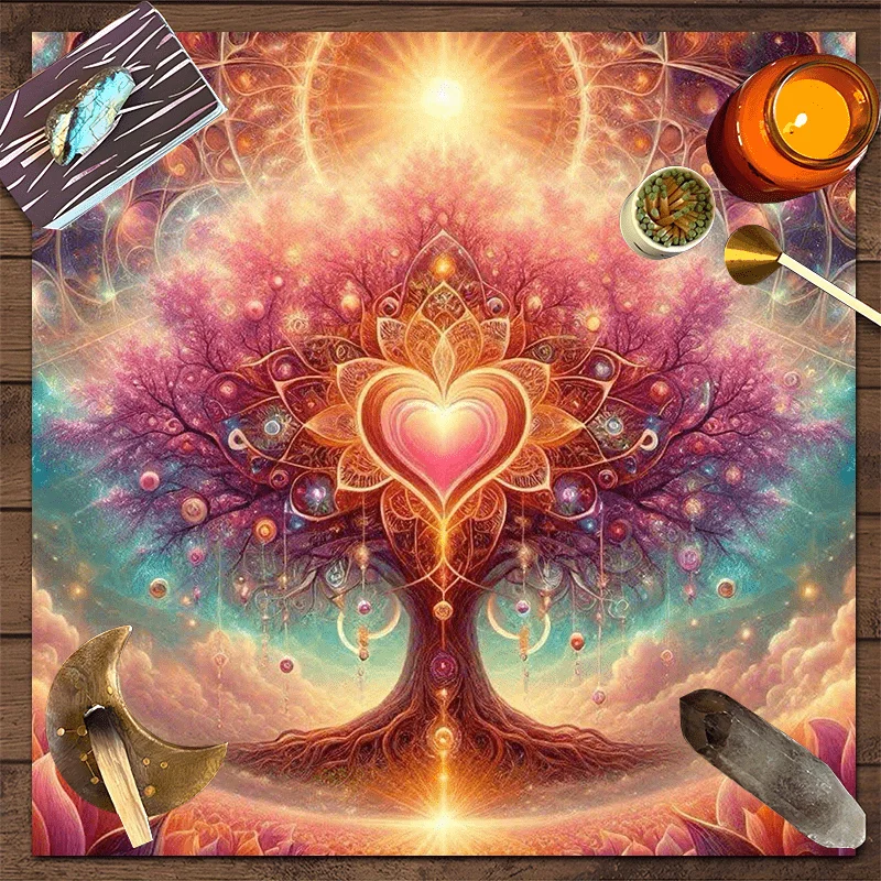 Tarot Cloth Neutral Tarot Cloth Astrology Sun Pack of 1, Magic Universe Tablecloth, Tree of Life and Heart Chakra, Colored