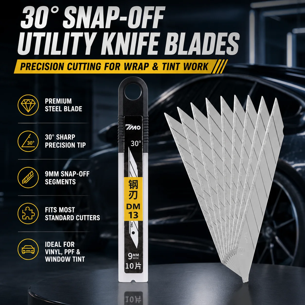 10PCS 9mm 30 Degree Steel Snap Off Replacement Blades for Car Wrap PPF Vinyl Window Tint Film Precision Cutting Knife Refill