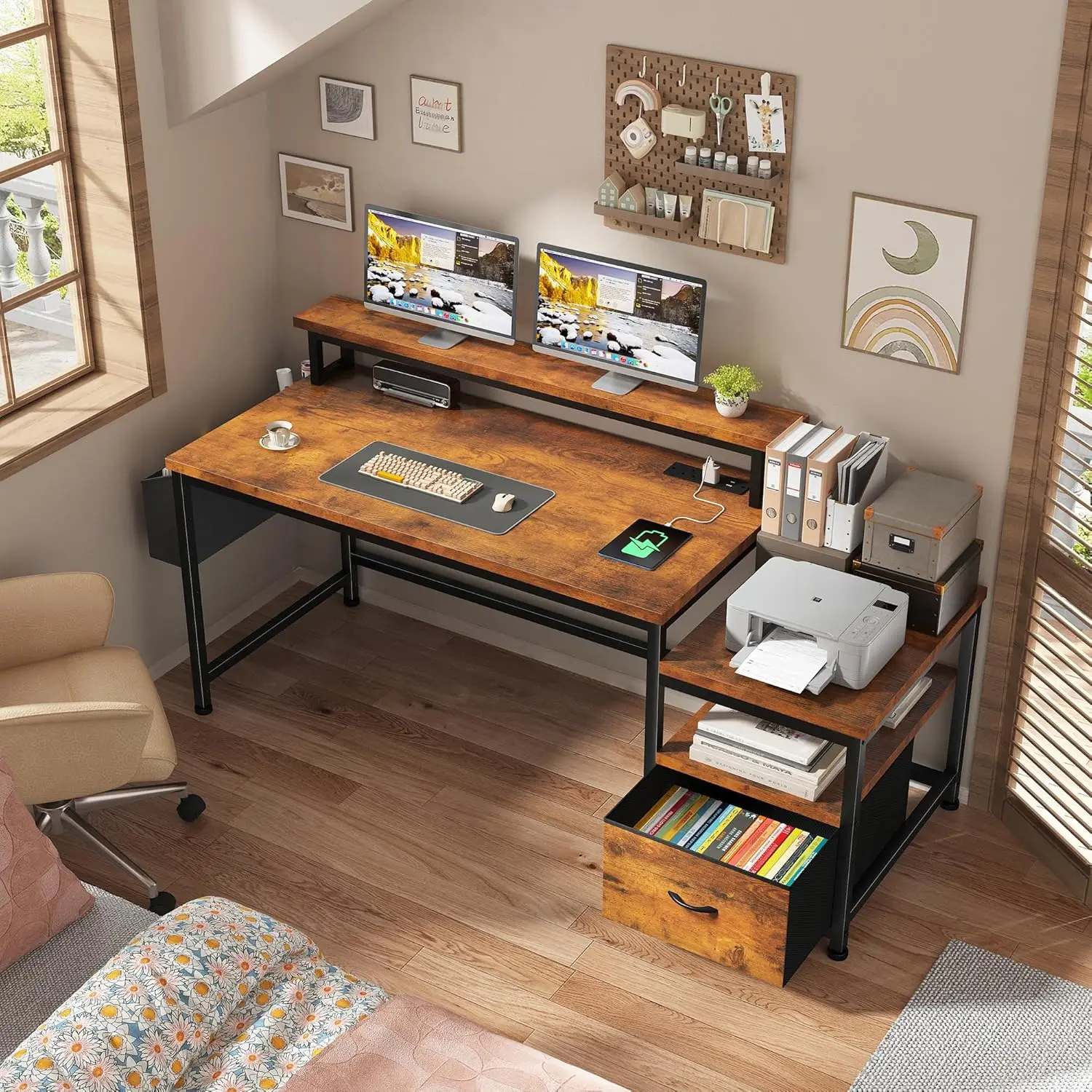 Desk shelf holding printer and accessories