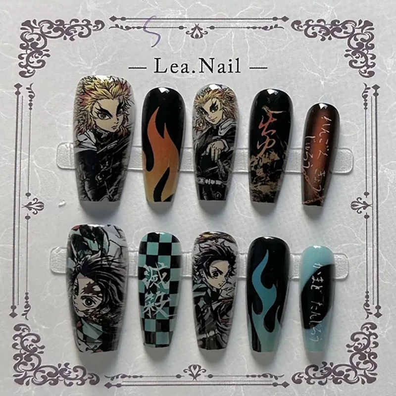 Fatto à la main mignon hautement détaillé japonais Anime eau et feu Hashira portable press-on ongles-flame à carreaux Cosplay pour les fans