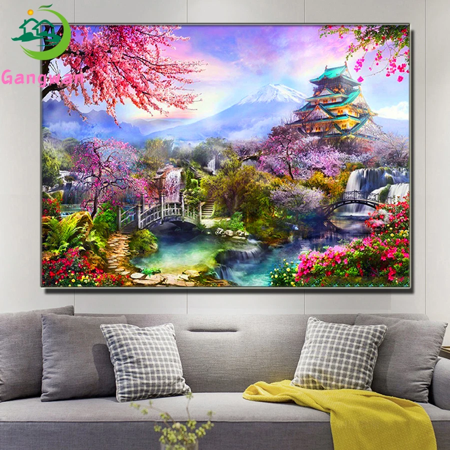 Japan Mt Fuji diamond embroidery sale cherry blossom Diamond Painting temple full square drill Cross Stitch still life home deco
