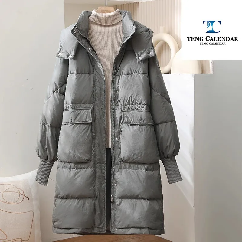 Winter Down Jacket, Medium To Long Hooded Oversized Loose Blanket, White Duck Down Threaded Sleeve Jacket, Women\'s New 2024