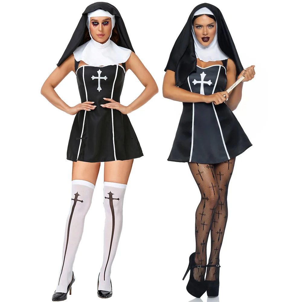 Open-Breast Cross Print Nun Short Skirt Suit Scary Demon Nun Cosplay Dress Adult Women Zombie Vampire Halloween Costume