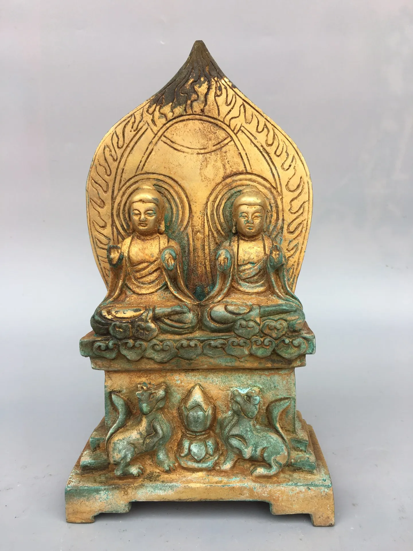 

9"Tibetan Temple Collection Old Bronze Cinnabar Mud gold Northern Wei Buddha Baobao Buddha Buddha Platform Worship Hall