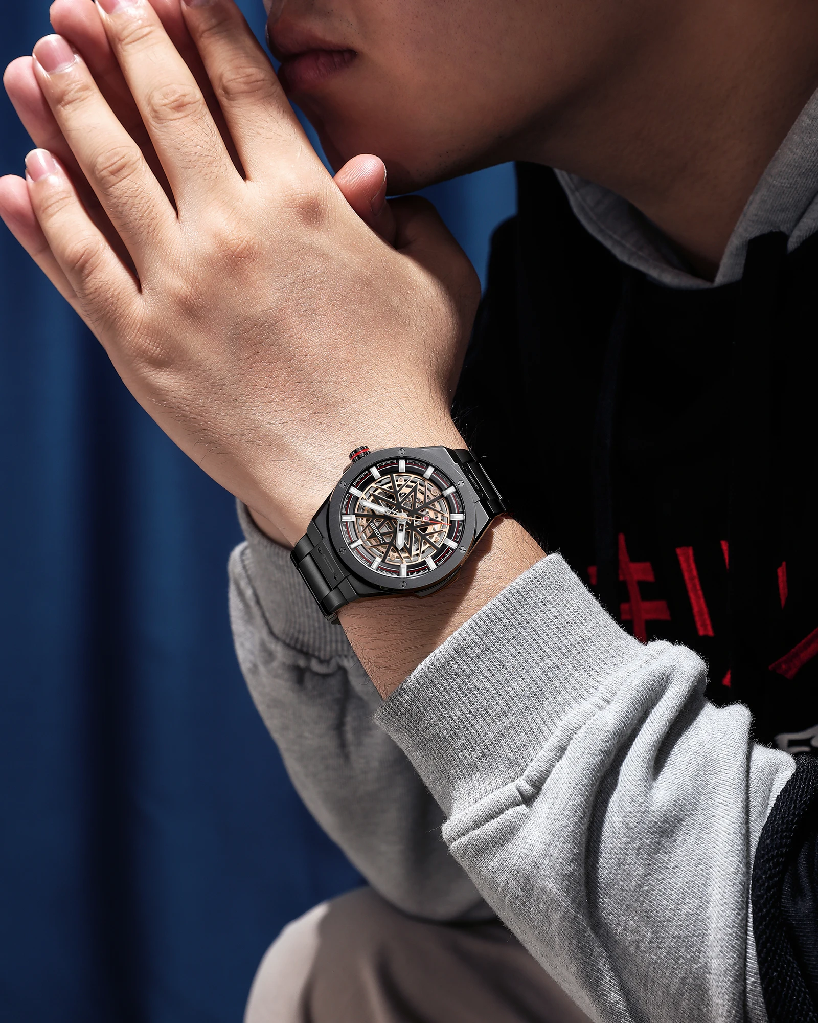 MIGE brand black steel case mechanical man watch waterproof casual business luminous automatic hot sale Hollow watches for men