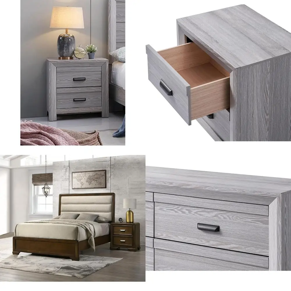 Gray Rustic Wooden Nightstand with Two Drawers for Modern Bedroom Storage and Contemporary Style