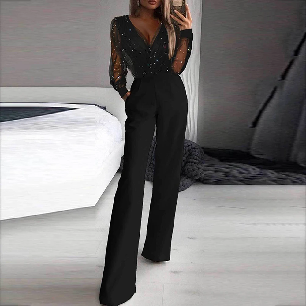 

Women's Jumpsuits 2025 All Season French Minimalist Nipped Waists Cut-out Long Sleeve V-Neck Ankle Straight Jumpsuits