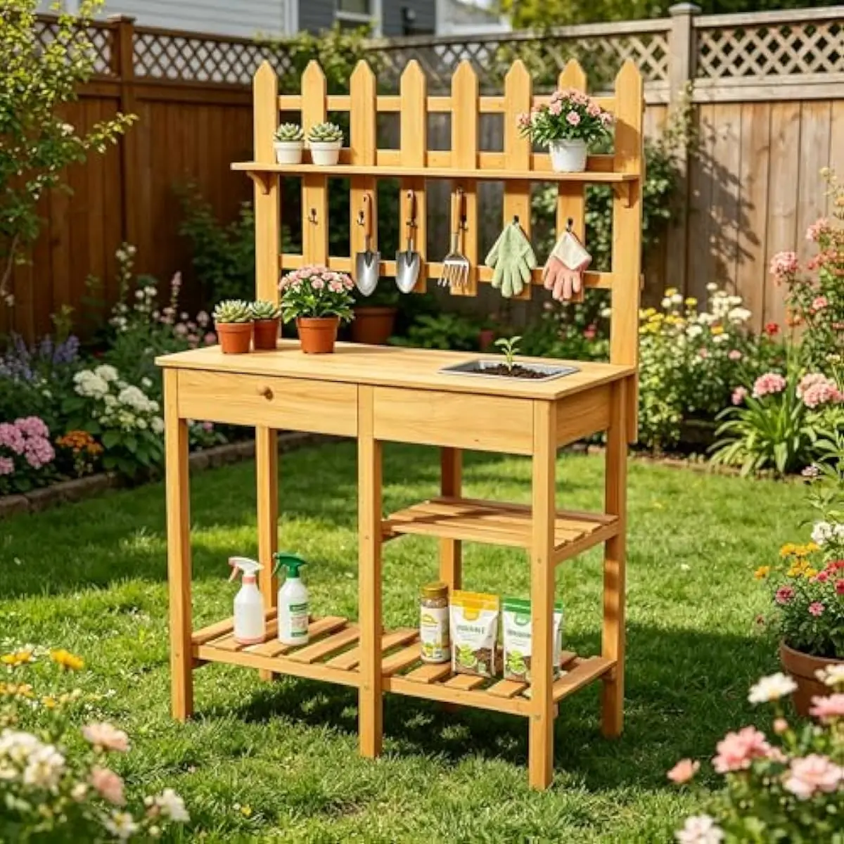 Wooden Potting Bench with Built-in Sink and Drawer, Outdoor Garden Workstation with Storage Shelves and Hooks for Patio Backyard