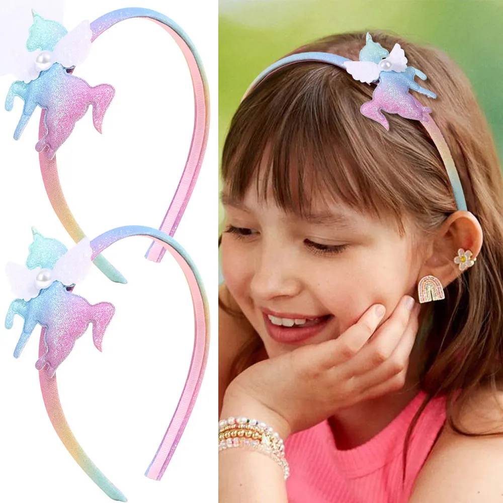 Cute Glitter Unicorn Hair Hoop Sparkly Wing Sequin Headband Girls Pearl Hairbands Kids Party Hair Accessories Princess Headwear