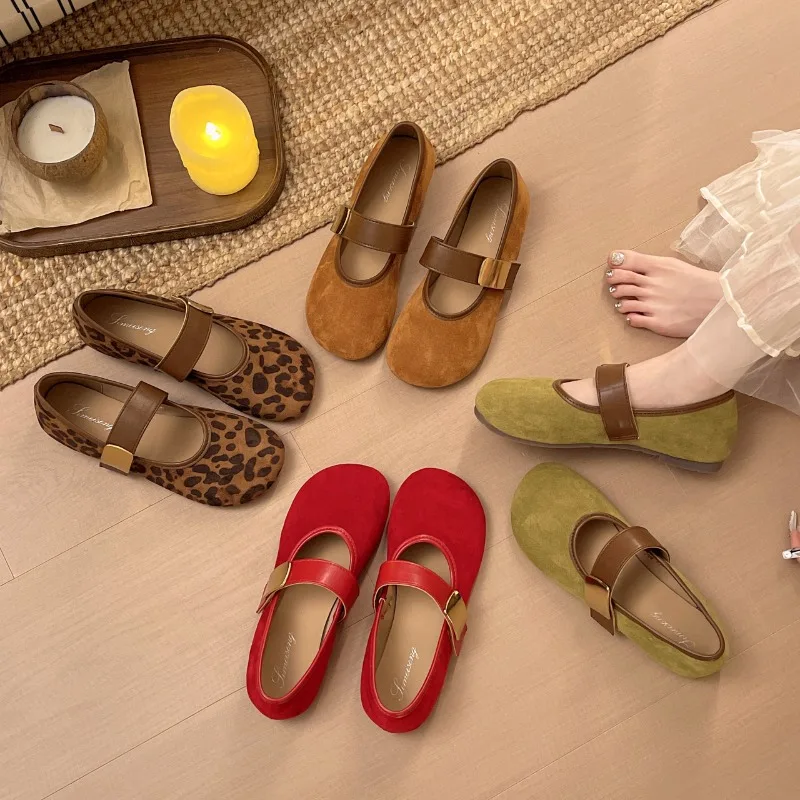 Zapatos Mary Jane para Mujer, Bailarinas de Gamuza, Punta Redonda, Correa con Hebilla, Mocasines de Tacón Bajo, Zapatos Cómodos para Caminar, Zapatillas