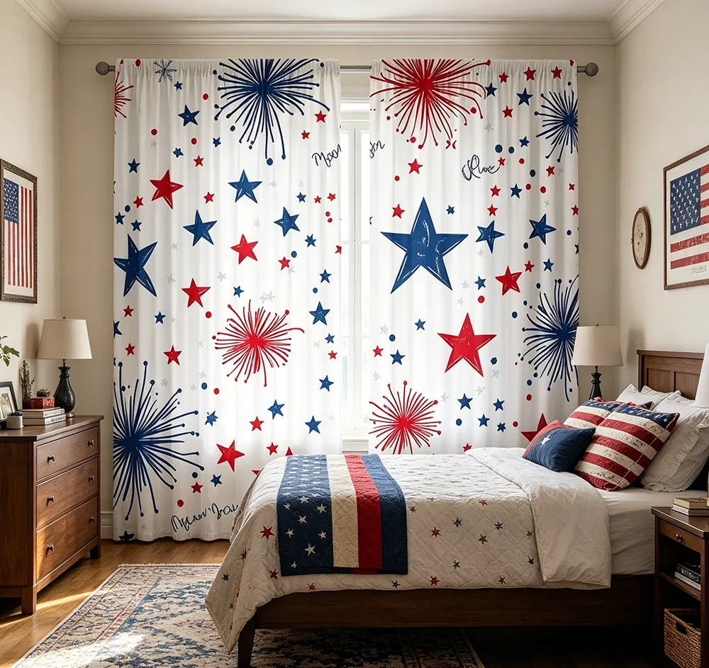 2PCS Digital Printed Curtains, Independence Day Patriotic Pattern, American Holiday Festive Style for Living Room Home Decor