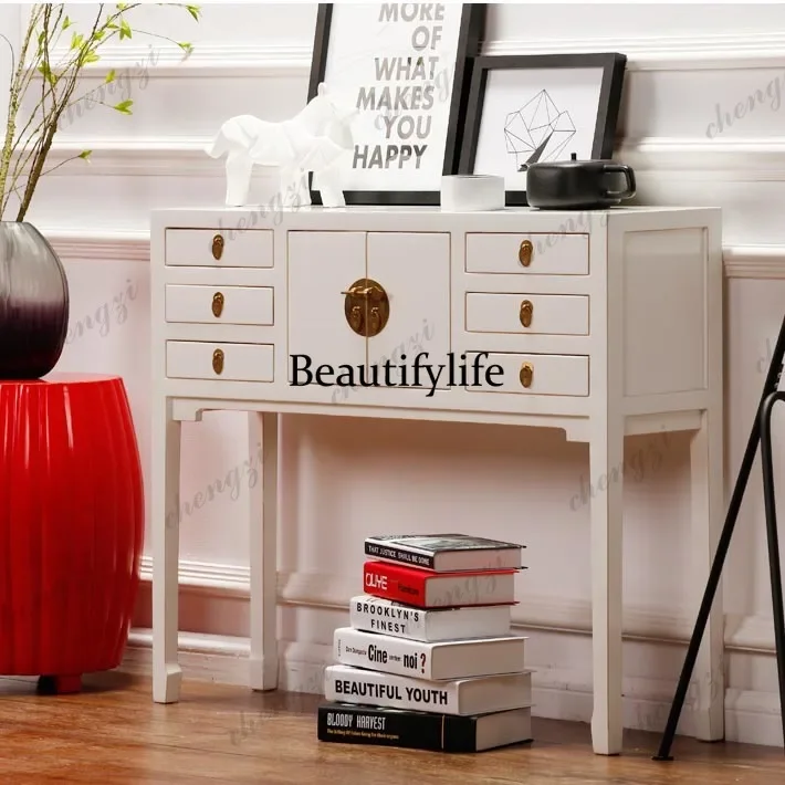 A178   European solid wood modern simple entrance cabinet, white corridor table against the wall when entering the door