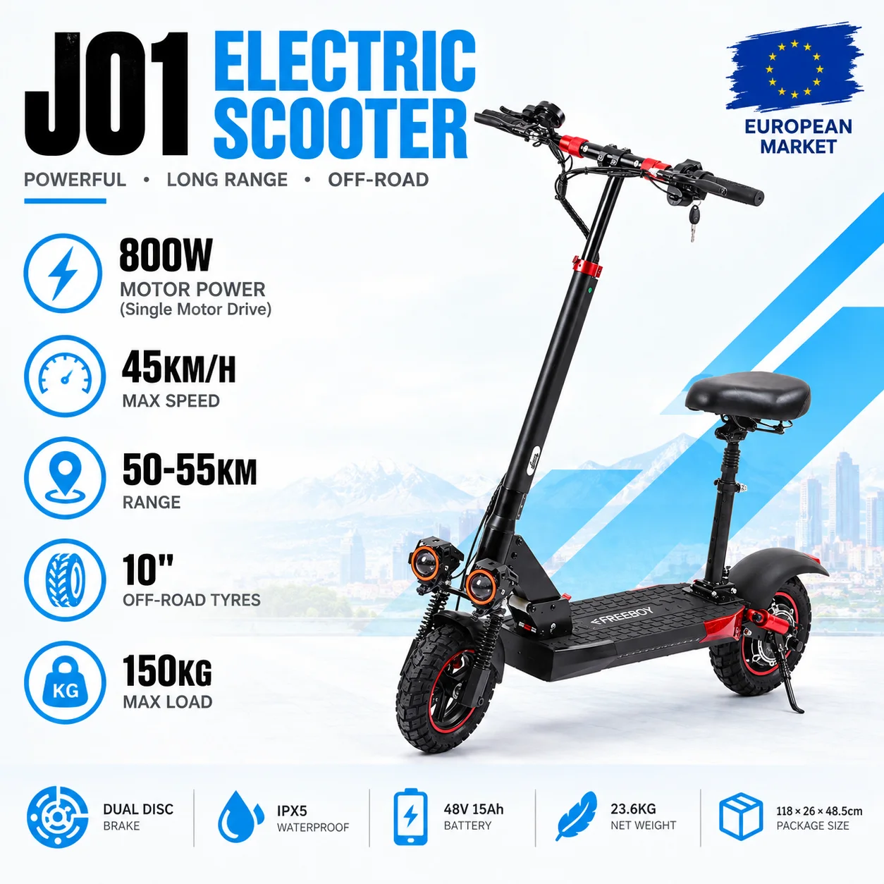 Patinete eléctrico J01, motor de 800 W, batería de 48 V y 15 Ah, velocidad máxima de 45 km/h, autonomía de 35 a 45 km, neumáticos