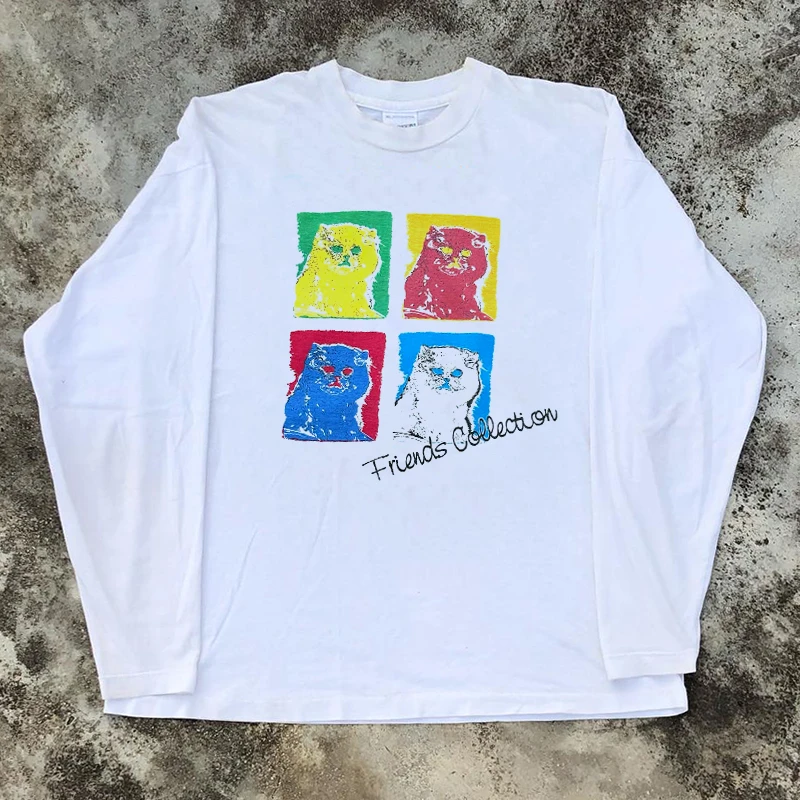 Creative Fun  Design Street Dance Hip Hop Cotton round Neck Long Sleeve American Retro Vintage Couple Tops Loose Fit T-Shirt