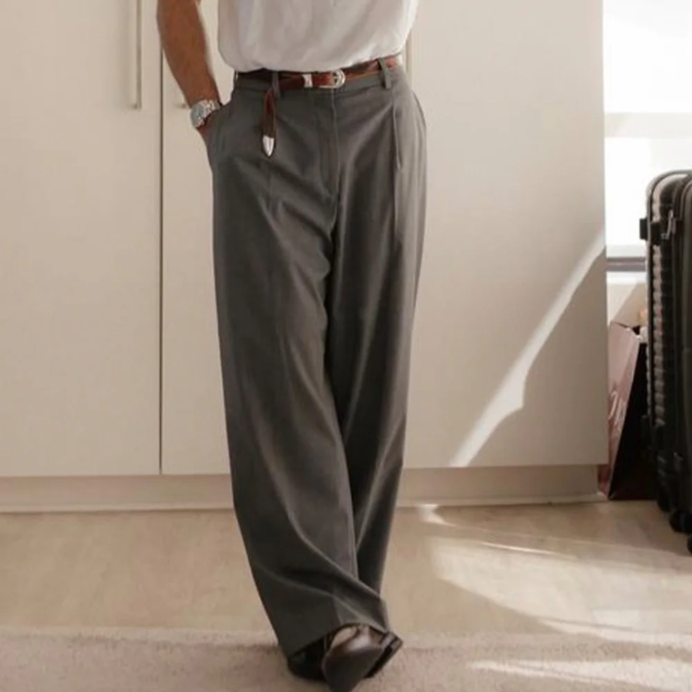 

Мужские смешанные брюки с плоской передней частью, однотонные прямые брюки, удобные повседневные облегающие брюки, модная нижняя одежда для мужчин