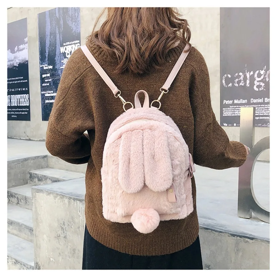 Zaino da cartone animato in peluche tinta unita nuovo arrivo autunno/inverno Zaino da coniglio carino Zaini da donna casual pelosi con orecchie di coniglio