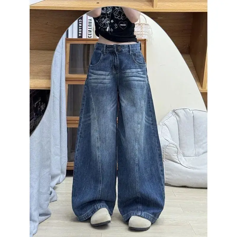 Y2K 2000s High Waist Wide Leg Denim Jeans Women's Spring 2026 New American Retro Washed Knife Loose Fit Floor Length Trousers